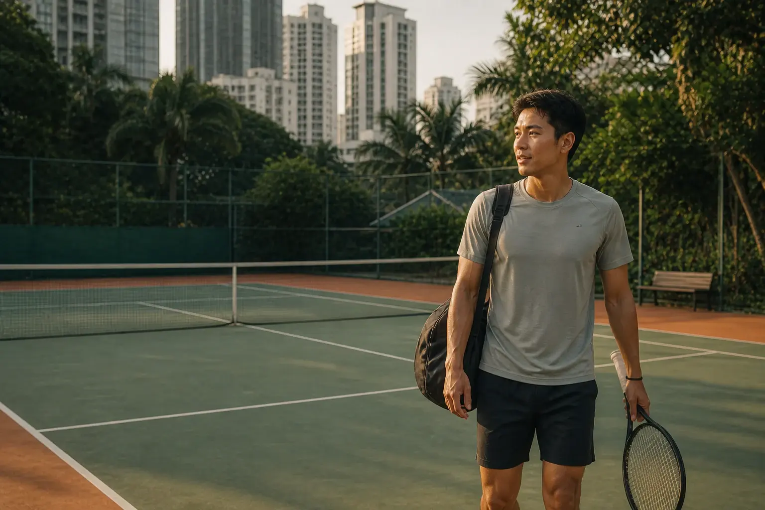 A tennis player arriving at an outdoor court in Bangkok