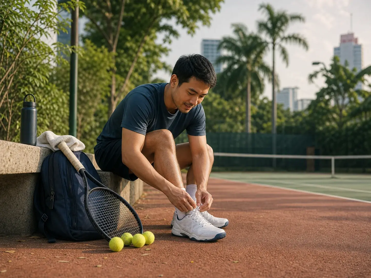 A coach introducing a player to tennis