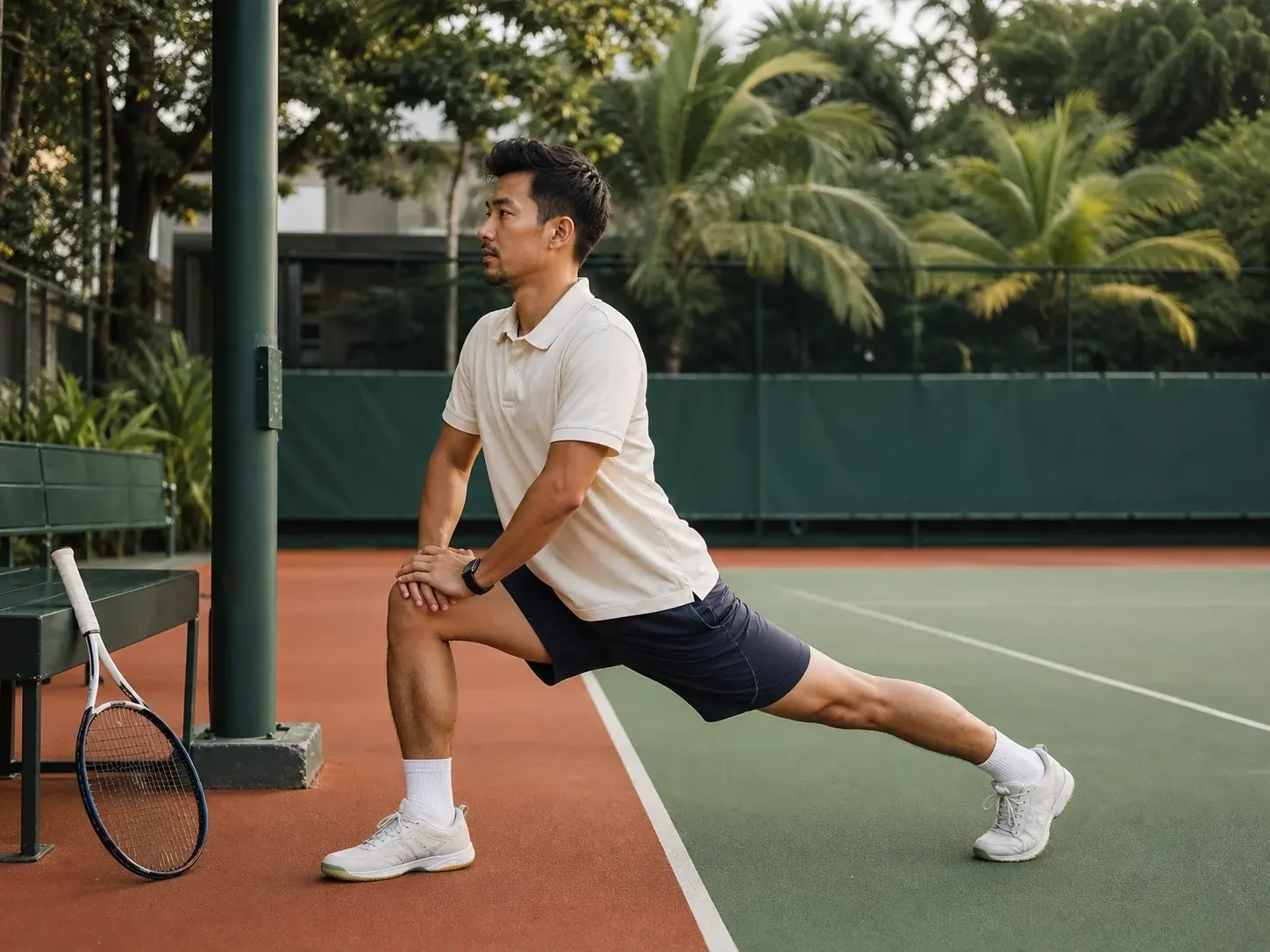 A tennis player warming up before training