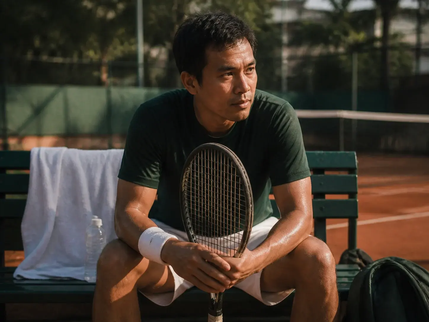 A tennis player focusing during a tournament changeover