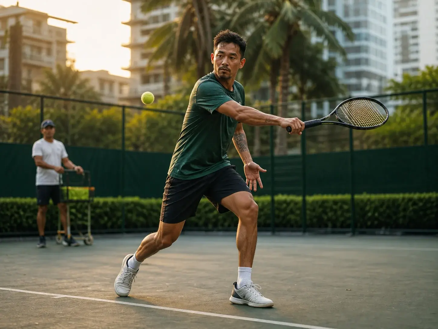A tennis player practicing a focused forehand drill