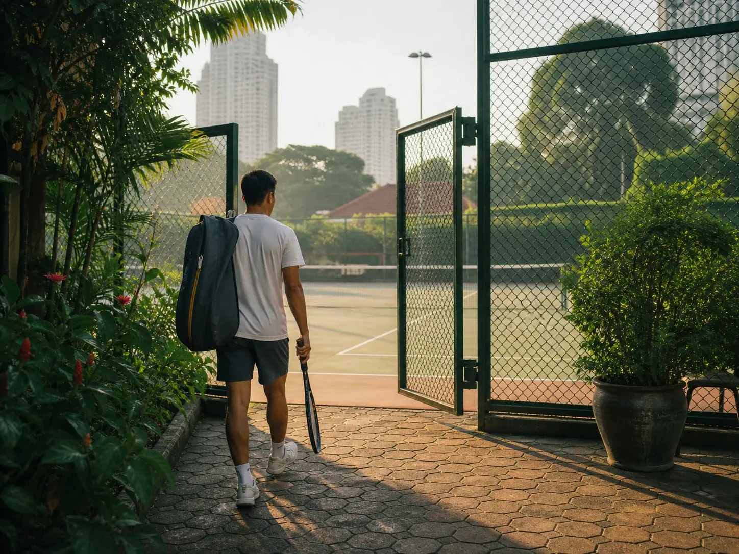 A player arriving at a Bangkok tennis court
