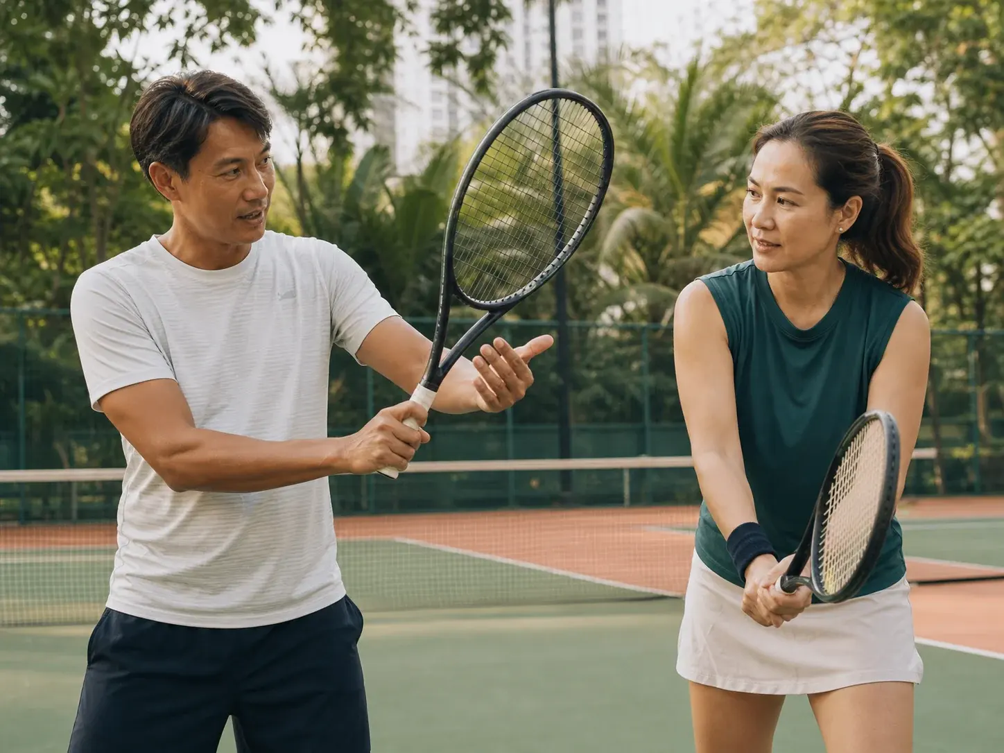 A tennis coach working with a player